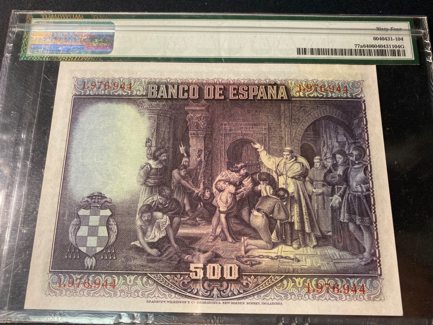 【收藏联盟】第130期拍卖——伊比利亚斗牛士（共55拍） 西班牙 1928年 500比塞塔 PMG64 BWC出品 p77a