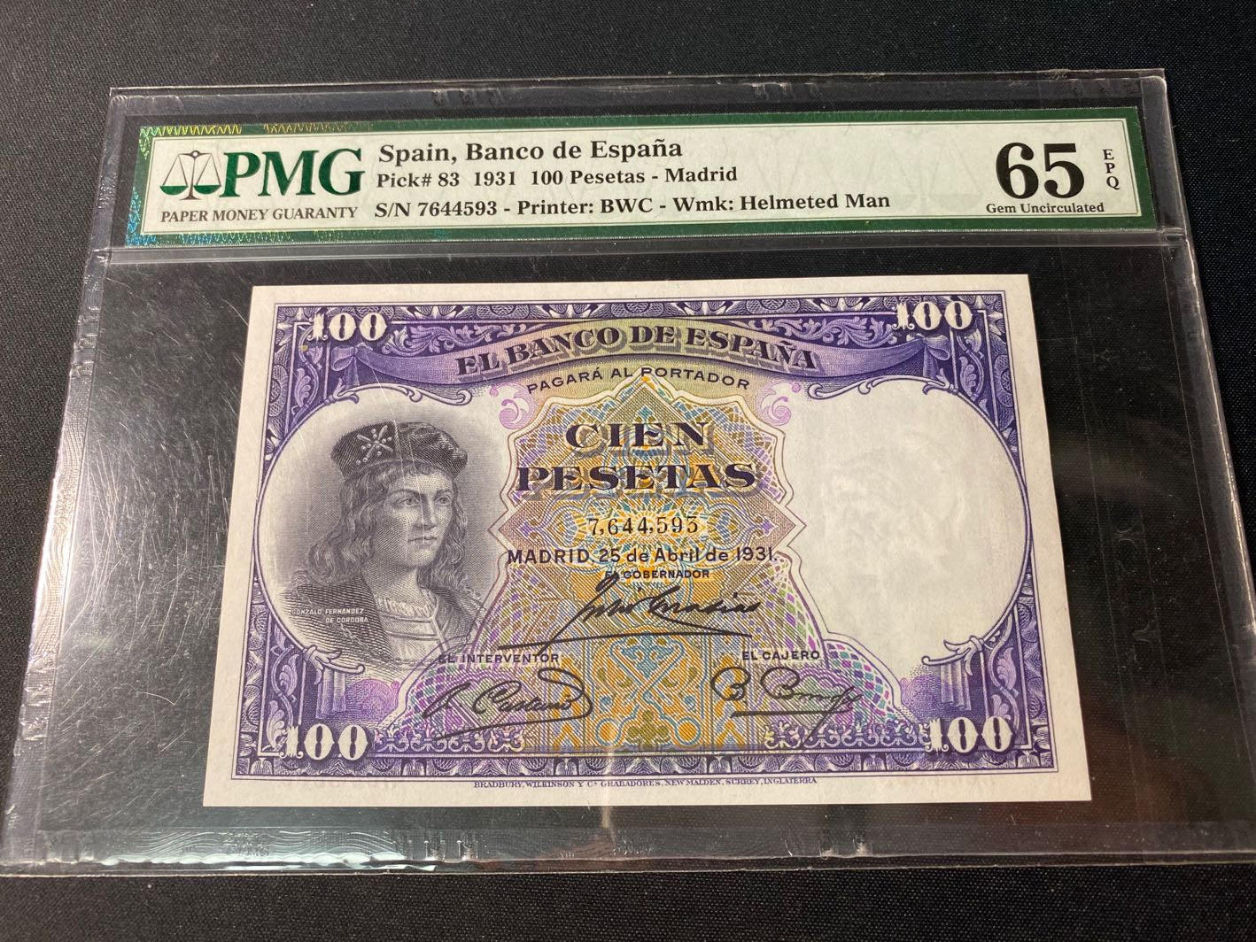 【收藏联盟】第130期拍卖——伊比利亚斗牛士（共55拍） 西班牙 1931年 100比塞塔 PMG65EPQ 原票经典BWC 