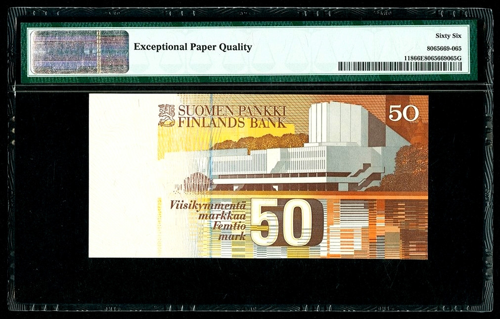 【收藏联盟】第130期拍卖——伊比利亚斗牛士（共55拍） 芬兰 1986年(ND1991) 50马克 PMG66EPQ p118