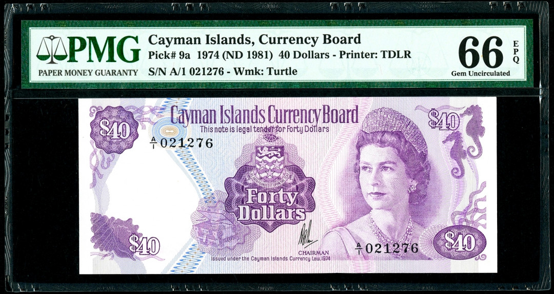 【收藏联盟】第130期拍卖——伊比利亚斗牛士（共55拍） 开曼群岛 1974年 40元 PMG66EPQ p9a 高冠女王 A1首发冠 精美