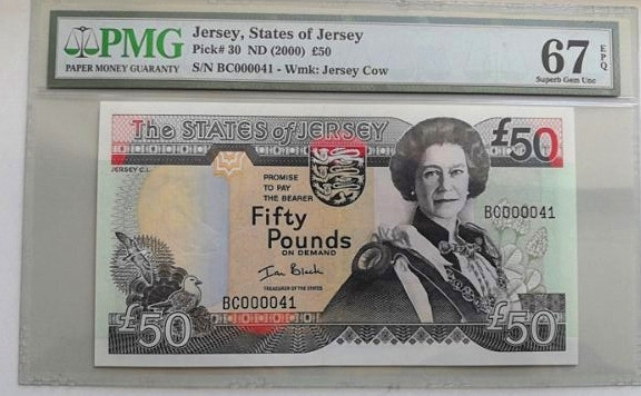 【收藏联盟】第130期拍卖——伊比利亚斗牛士（共55拍） 【41小号】泽西2000年50镑 PMG67EPQ 高分 女王纸币