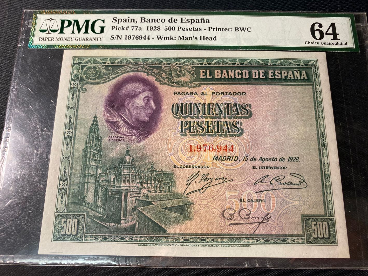 【收藏联盟】第130期拍卖——伊比利亚斗牛士（共55拍） 西班牙 1928年 500比塞塔 PMG64 BWC出品 p77a