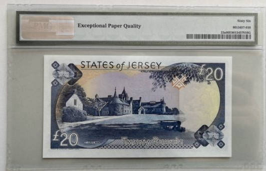 【收藏联盟】第130期拍卖——伊比利亚斗牛士（共55拍） 【41小号】泽西1993年20镑 PMG66EPQ女王纸币