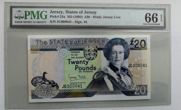 【收藏联盟】第130期拍卖——伊比利亚斗牛士（共55拍） 【41小号】泽西1993年20镑 PMG66EPQ女王纸币
