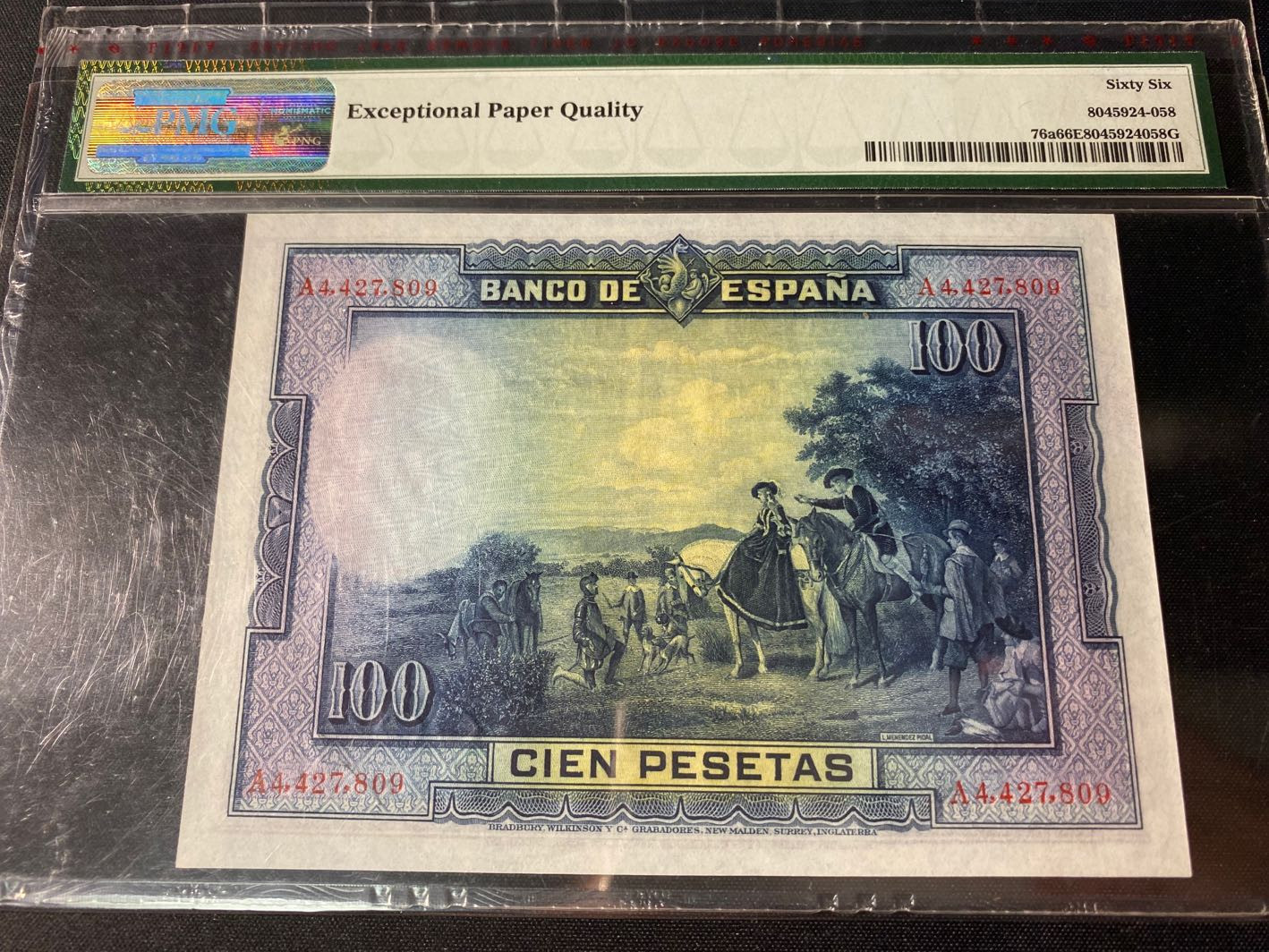 【收藏联盟】第130期拍卖——伊比利亚斗牛士（共55拍） 西班牙 1928年100比塞塔 pmg66EPQ  BWC出品