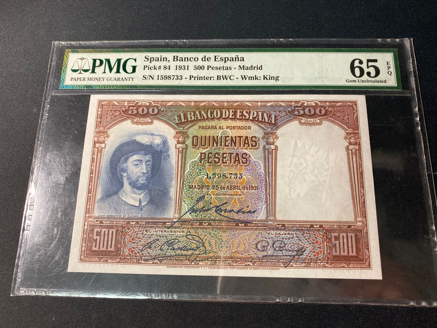 【收藏联盟】第130期拍卖——伊比利亚斗牛士（共55拍） 西班牙 1931年 500比塞塔 PMG65EPQ  绝品 BWC出品 经典