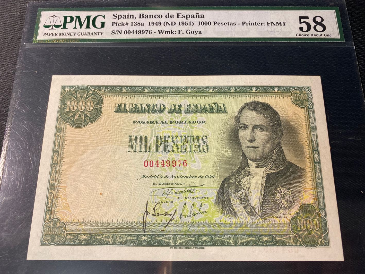 【收藏联盟】第130期拍卖——伊比利亚斗牛士（共55拍） 西班牙 1949年 1000比塞塔 p138a PMG58 较少见