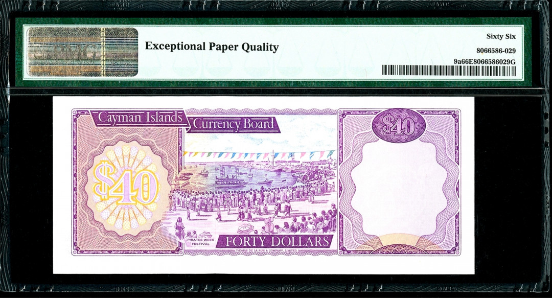 【收藏联盟】第130期拍卖——伊比利亚斗牛士（共55拍） 开曼群岛 1974年 40元 PMG66EPQ p9a 高冠女王 A1首发冠 精美