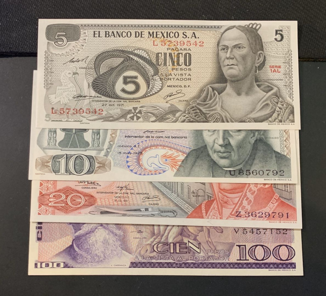 紫瑗钱币—微拍第44期—纸币场 墨西哥 早期 5 10 20 100比索 4枚一套 UNC