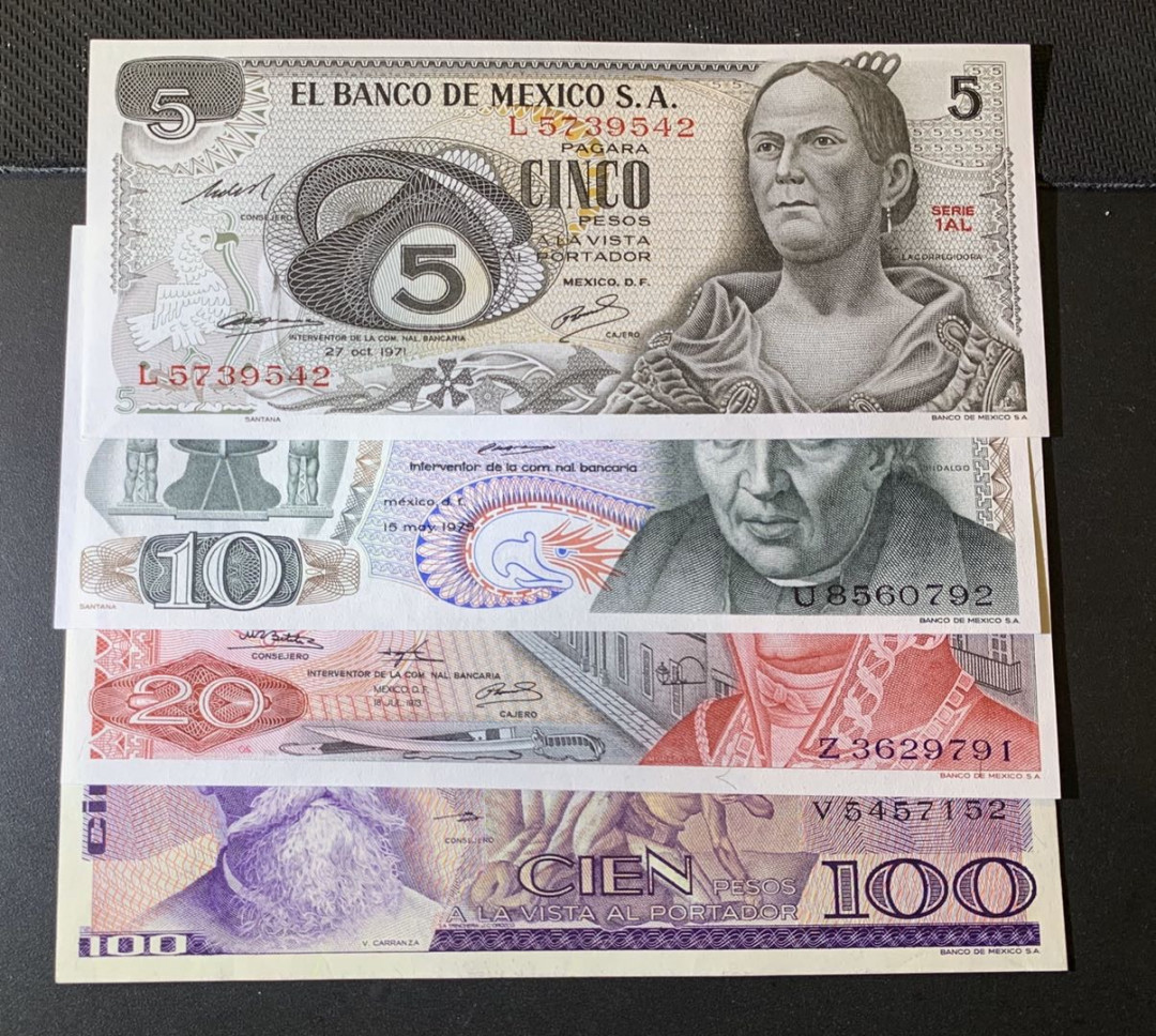 紫瑗钱币—微拍第44期—纸币场 墨西哥 早期 5 10 20 100比索 4枚一套 UNC
