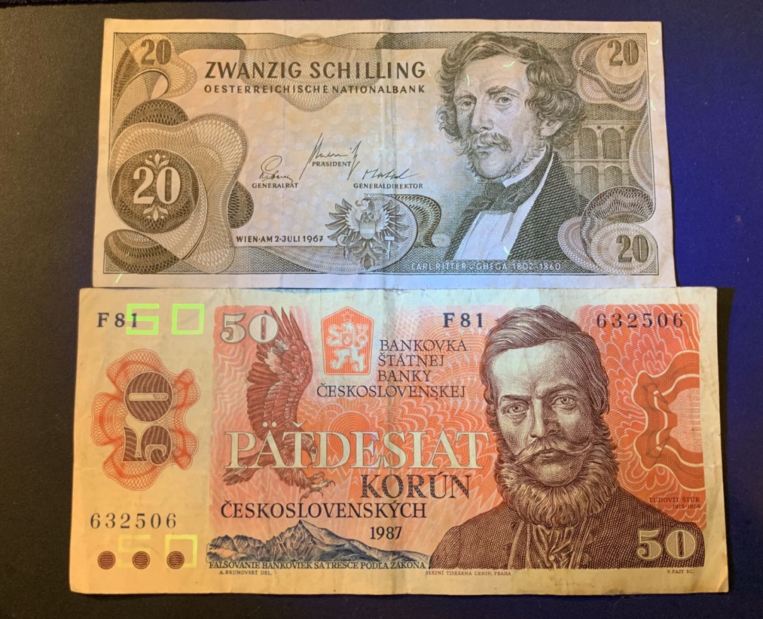 紫瑗钱币—微拍第44期—纸币场 奥地利 1967 20先令 捷克斯洛伐克 1987 50克朗 2枚一组 流通品