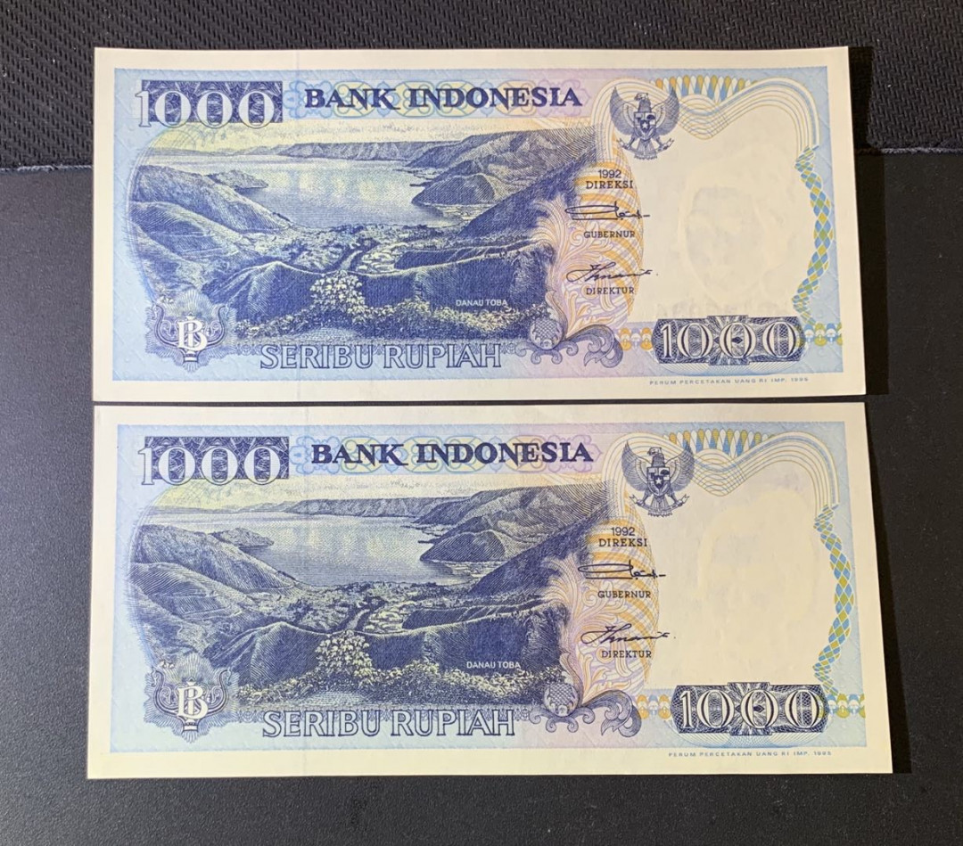 紫瑗钱币—微拍第44期—纸币场 印度尼西亚 1992年  多巴湖 1000卢比 2枚一组 UNC P-129