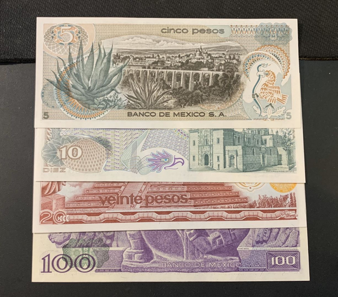 紫瑗钱币—微拍第44期—纸币场 墨西哥 早期 5 10 20 100比索 4枚一套 UNC