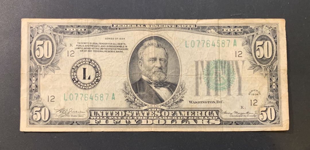 紫瑗钱币—微拍第44期—纸币场 美国 1934年 50美元 流通品