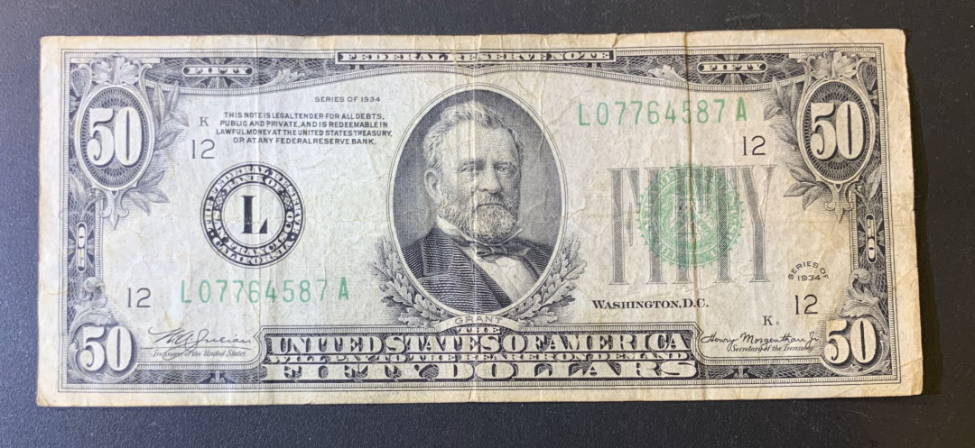 紫瑗钱币—微拍第44期—纸币场 美国 1934年 50美元 流通品
