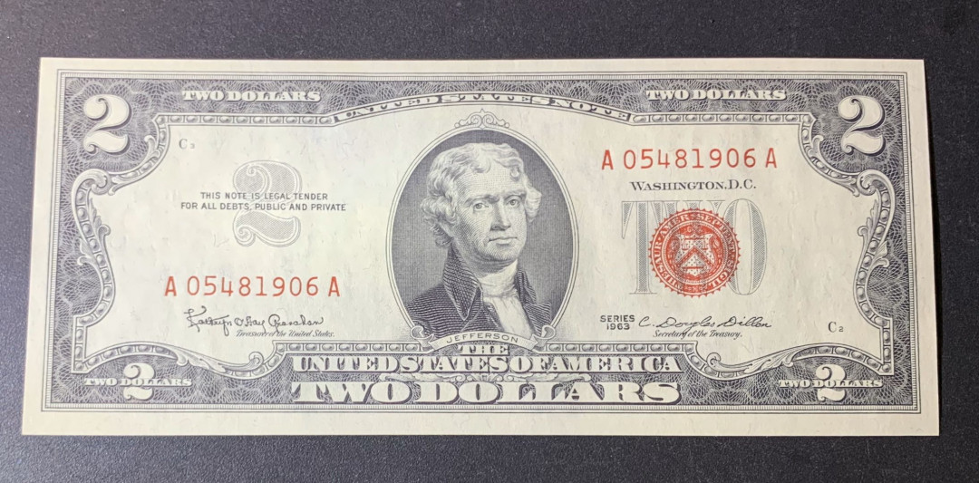 紫瑗钱币—微拍第44期—纸币场 美国 1963年 2美元 红印 UNC