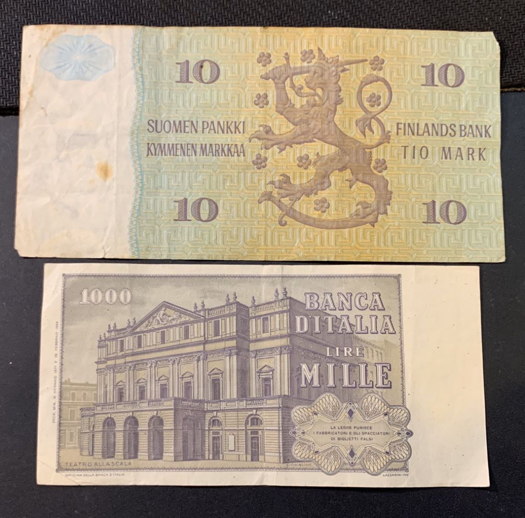 紫瑗钱币—微拍第44期—纸币场 芬兰 1980 10马克 意大利 1969 100里拉 2枚一组 流通品
