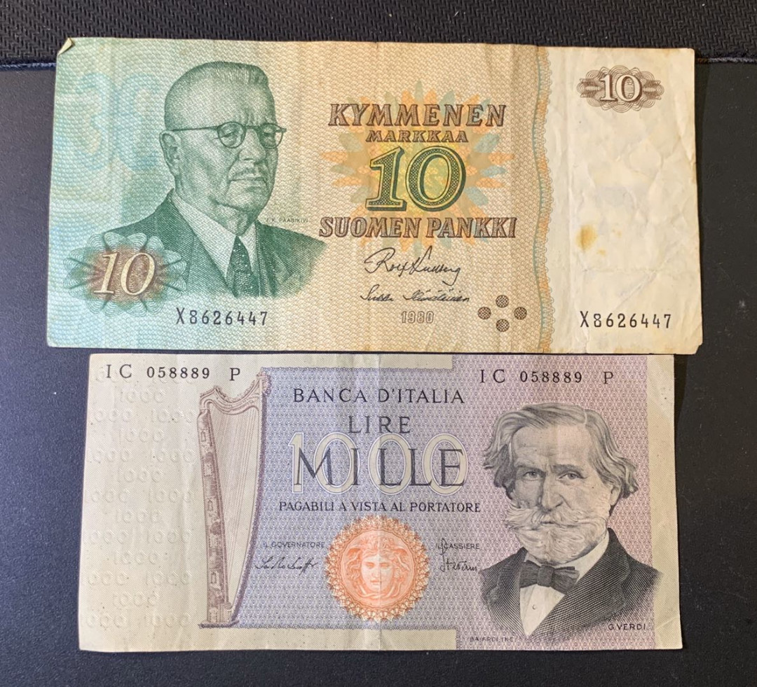 紫瑗钱币—微拍第44期—纸币场 芬兰 1980 10马克 意大利 1969 100里拉 2枚一组 流通品