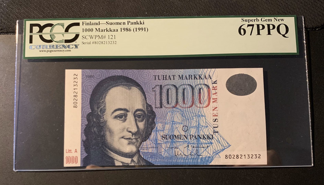 紫瑗钱币—微拍第44期—纸币场 芬兰 1991年 1000马克 PCGS 67 PPQ