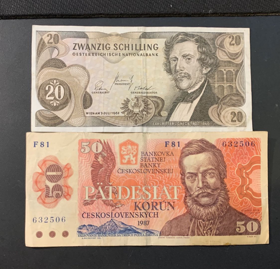 紫瑗钱币—微拍第44期—纸币场 奥地利 1967 20先令 捷克斯洛伐克 1987 50克朗 2枚一组 流通品