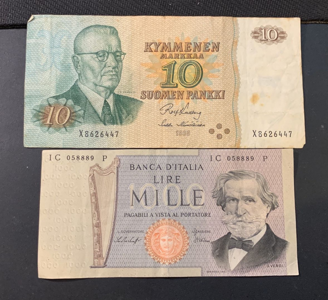 紫瑗钱币—微拍第44期—纸币场 芬兰 1980 10马克 意大利 1969 100里拉 2枚一组 流通品