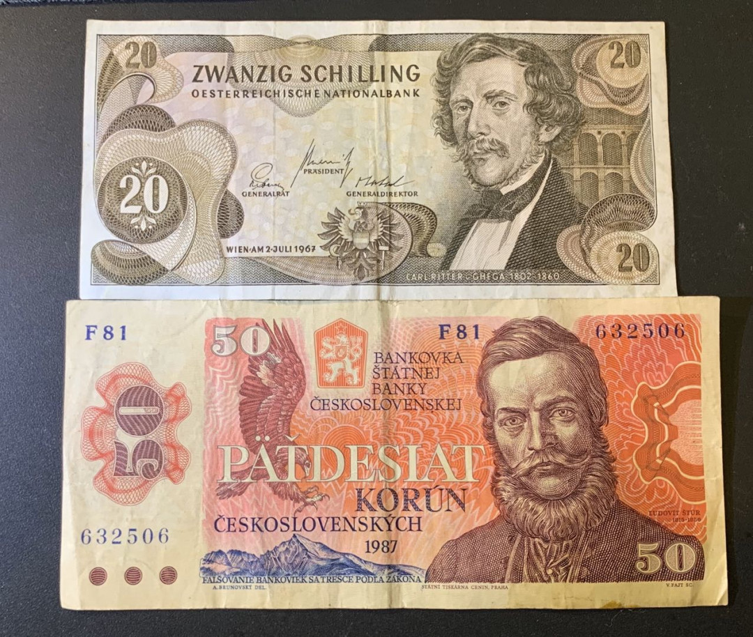 紫瑗钱币—微拍第44期—纸币场 奥地利 1967 20先令 捷克斯洛伐克 1987 50克朗 2枚一组 流通品