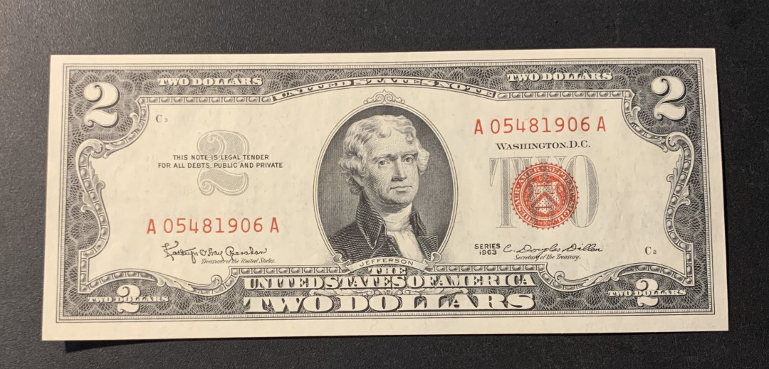 紫瑗钱币—微拍第44期—纸币场 美国 1963年 2美元 红印 UNC