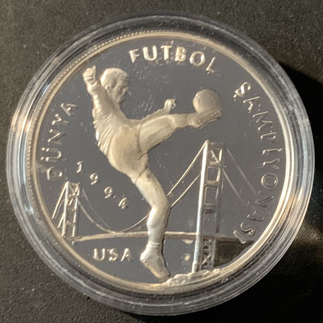 紫瑗钱币—微拍第45期  土耳其 1993年 94美国世界杯 50000里拉 23.08克 0.925银 精制