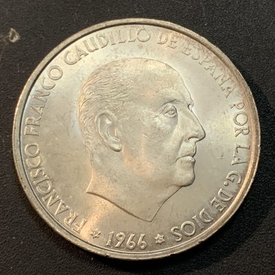 紫瑗钱币—微拍第45期  - 西班牙 1966年 佛朗哥 100比塞塔  19克 0.9银 UNC