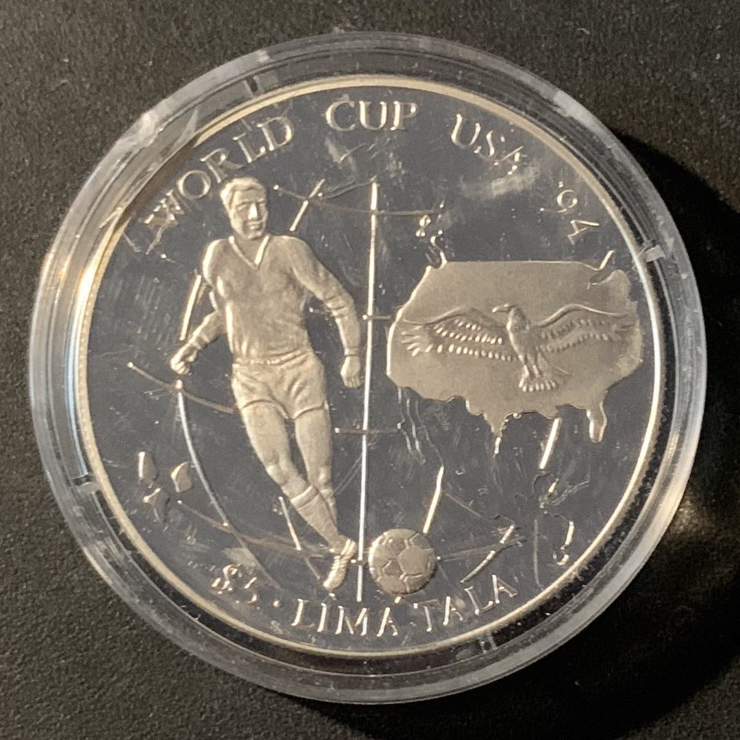 紫瑗钱币—微拍第45期  托克劳 1994年 94美国世界杯 5塔拉 31.47克 0.925银 精制