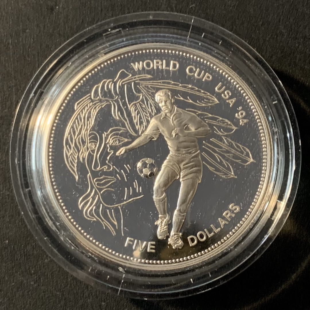 紫瑗钱币—微拍第45期  巴巴多斯 1994年 04美国世界杯 5元 28.28克 0.925银 精制