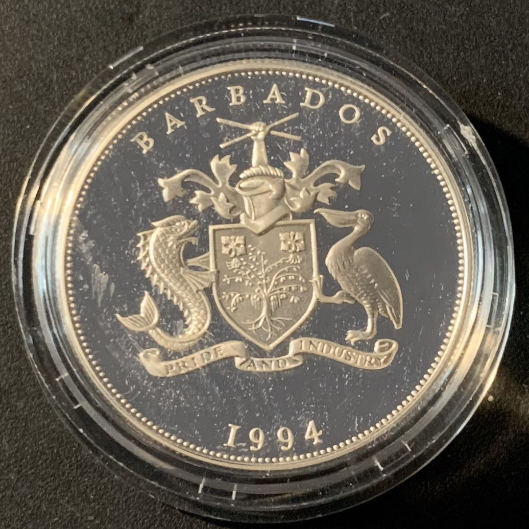 紫瑗钱币—微拍第45期  巴巴多斯 1994年 04美国世界杯 5元 28.28克 0.925银 精制