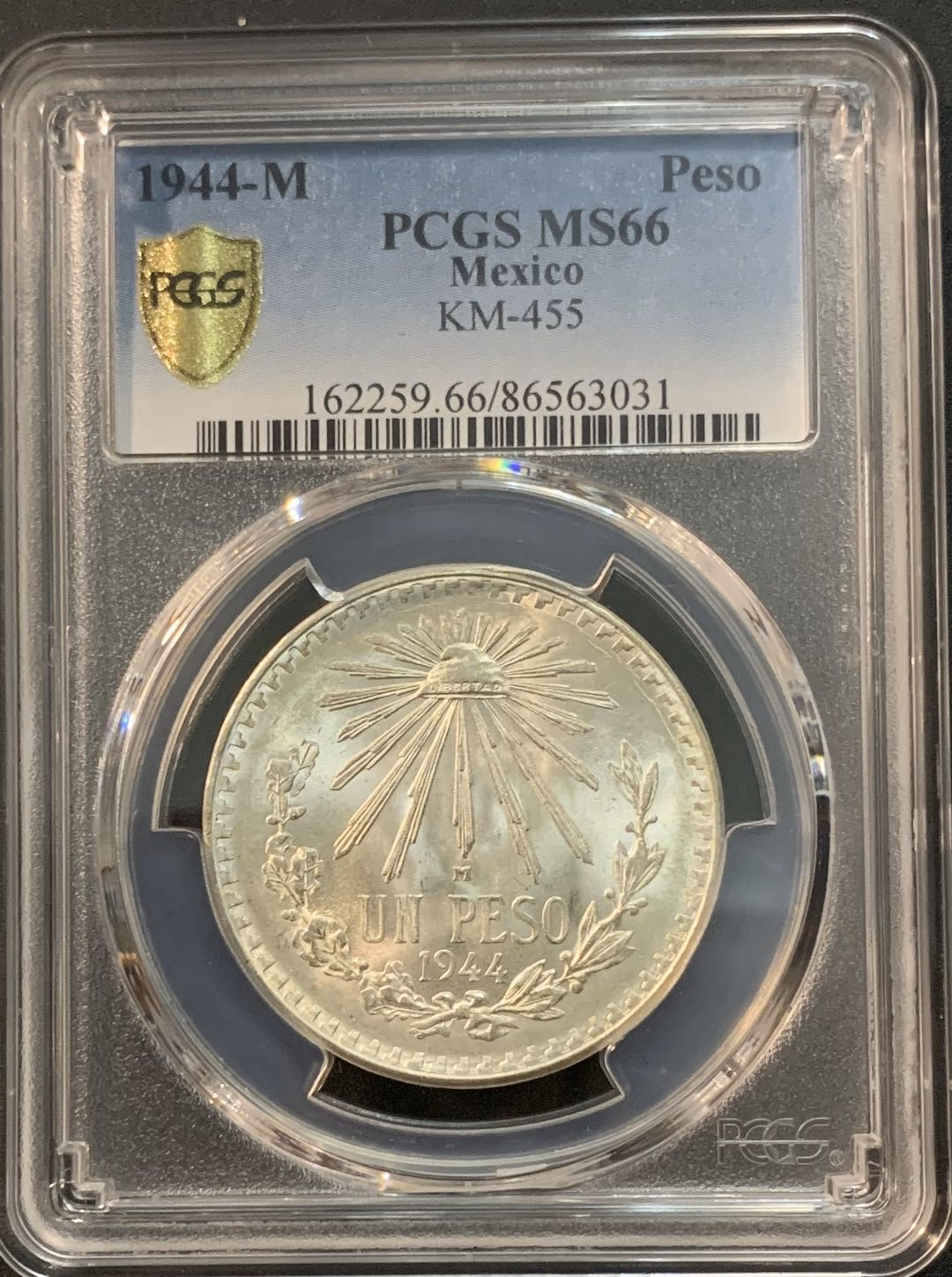 紫瑗钱币—微拍第45期  墨西哥 1944年 鹰洋 1比索 16.6克 PCGS MS66