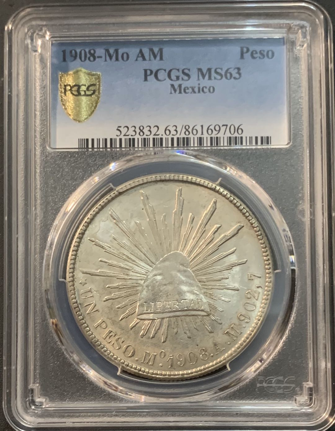 紫瑗钱币—微拍第45期  墨西哥 1908年 MO AM 1比索 PCGS MS63