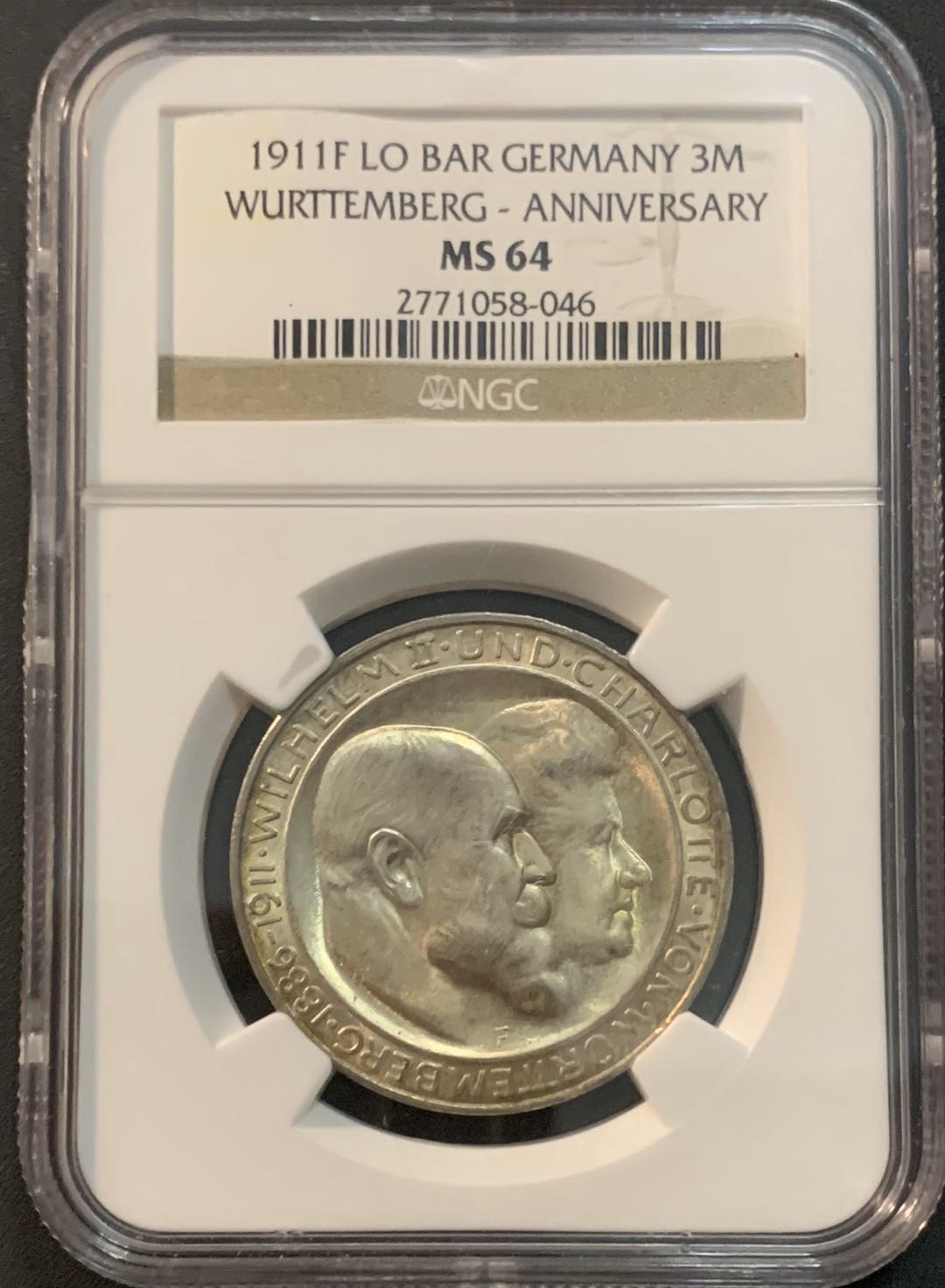 紫瑗钱币—微拍第45期  德国 符腾堡 1911年 银婚 3马克 NGC MS64
