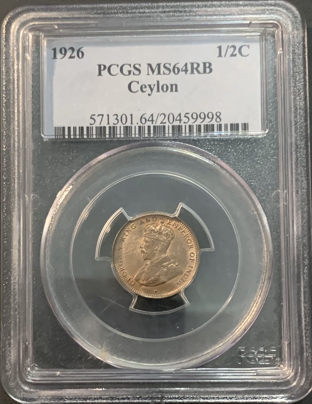 紫瑗钱币—微拍第45期  锡兰 1926年 乔治五世 1/2分 PCGS MS64 RB