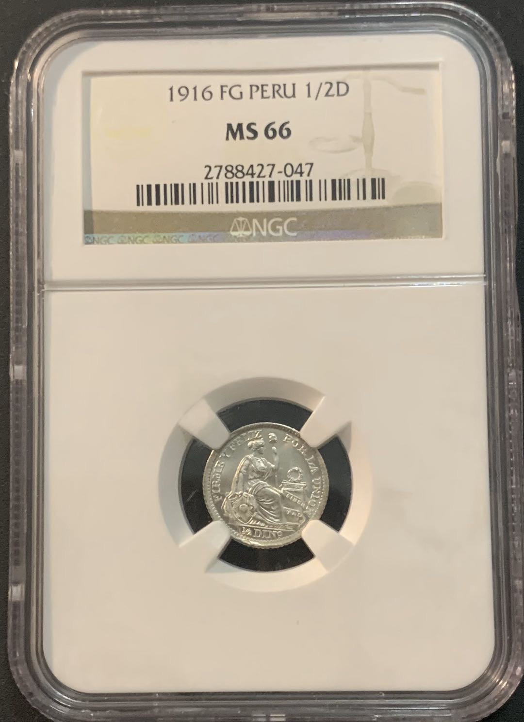 紫瑗钱币—微拍第45期  秘鲁 1916年 坐人 1/2D NGC MS66