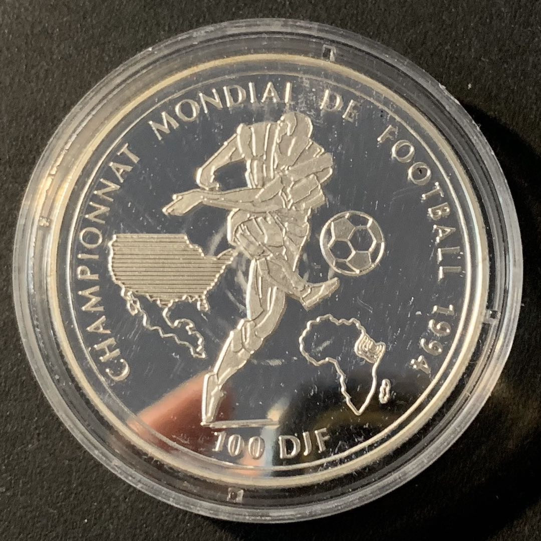 紫瑗钱币—微拍第45期  吉布提 1994年 94美国世界杯 100法郎 31.47克 0.925银 精制