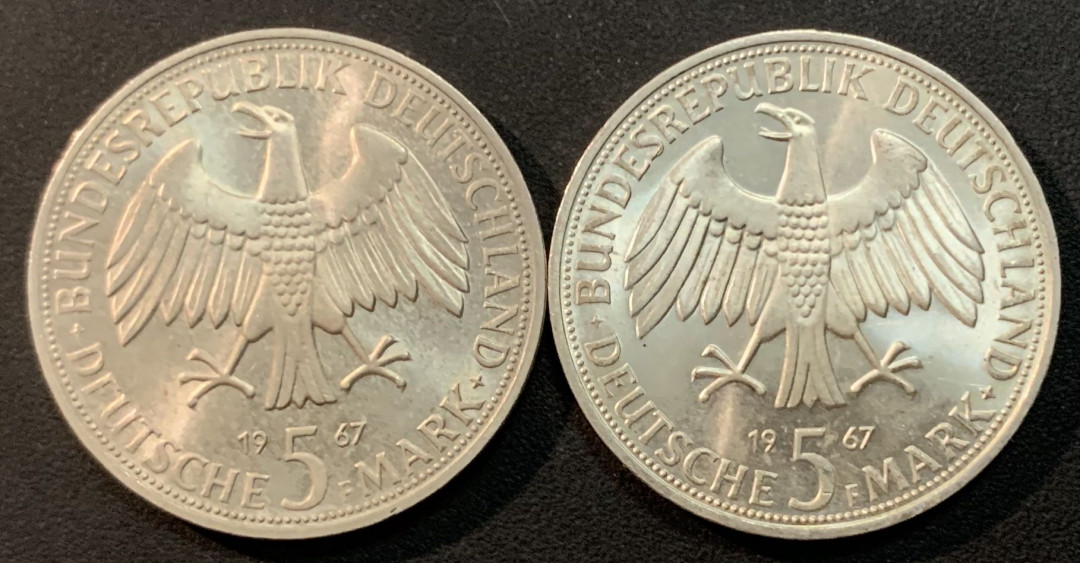 紫瑗钱币—微拍第46期  德国 1967年 F厂 洪堡兄弟 5马克 2枚一组 共22.4克  0.625银 UNC