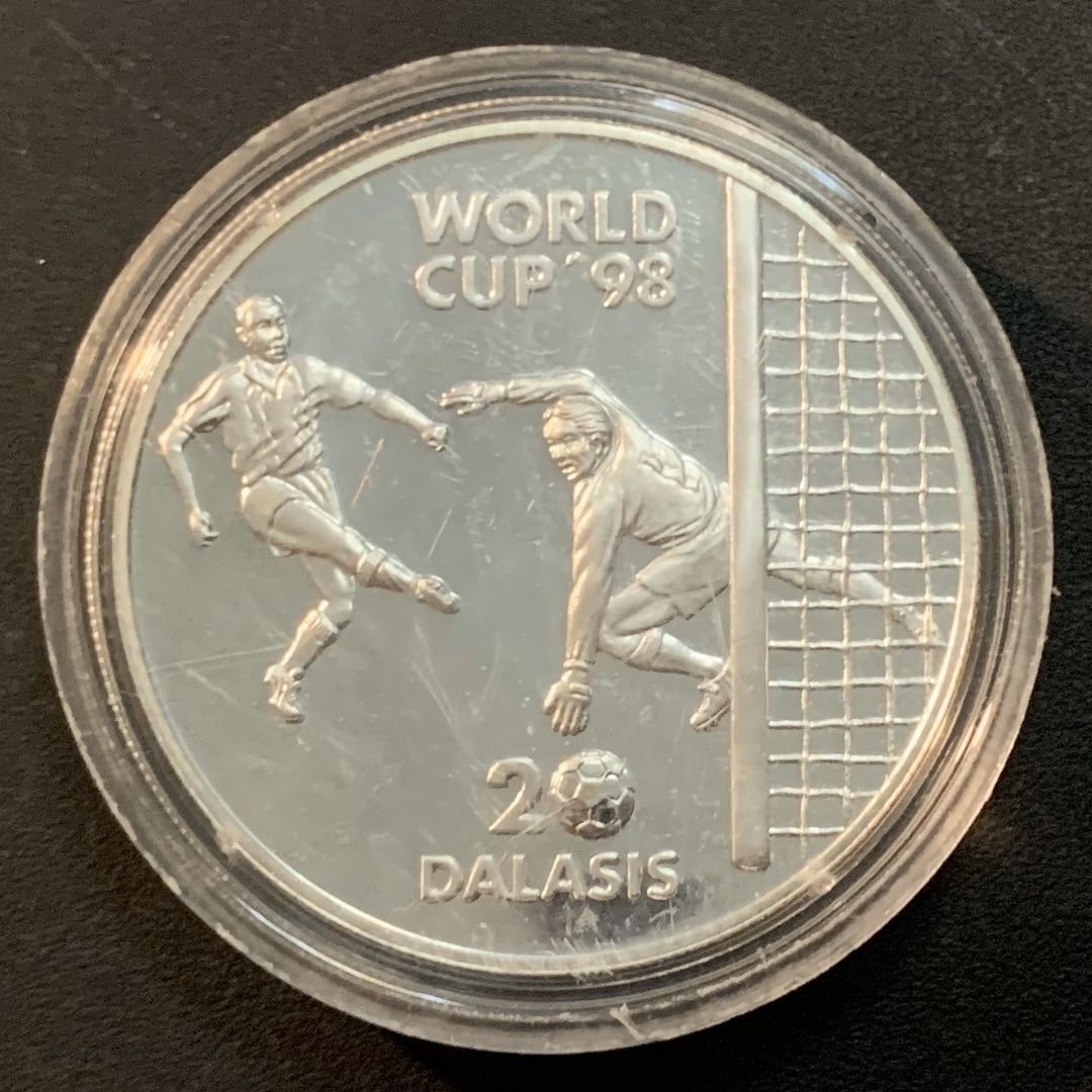 紫瑗钱币—微拍第46期  冈比亚 1996年 98法国世界杯 20达拉西 31.47克 0.999银 精制