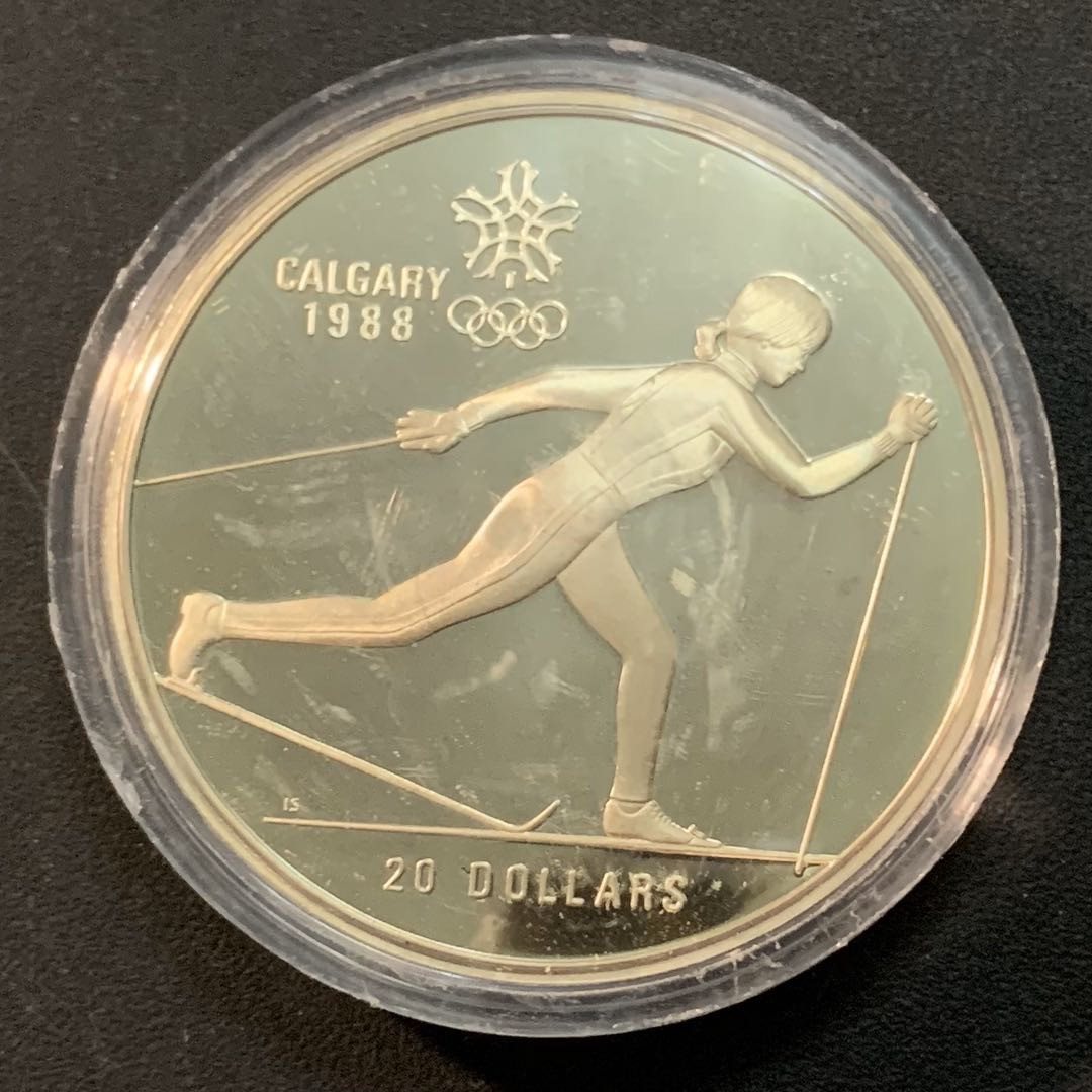 紫瑗钱币—微拍第46期  加拿大 1986年 卡尔加里冬奥会 越野滑雪 20元  34.1克 0.925银 精制