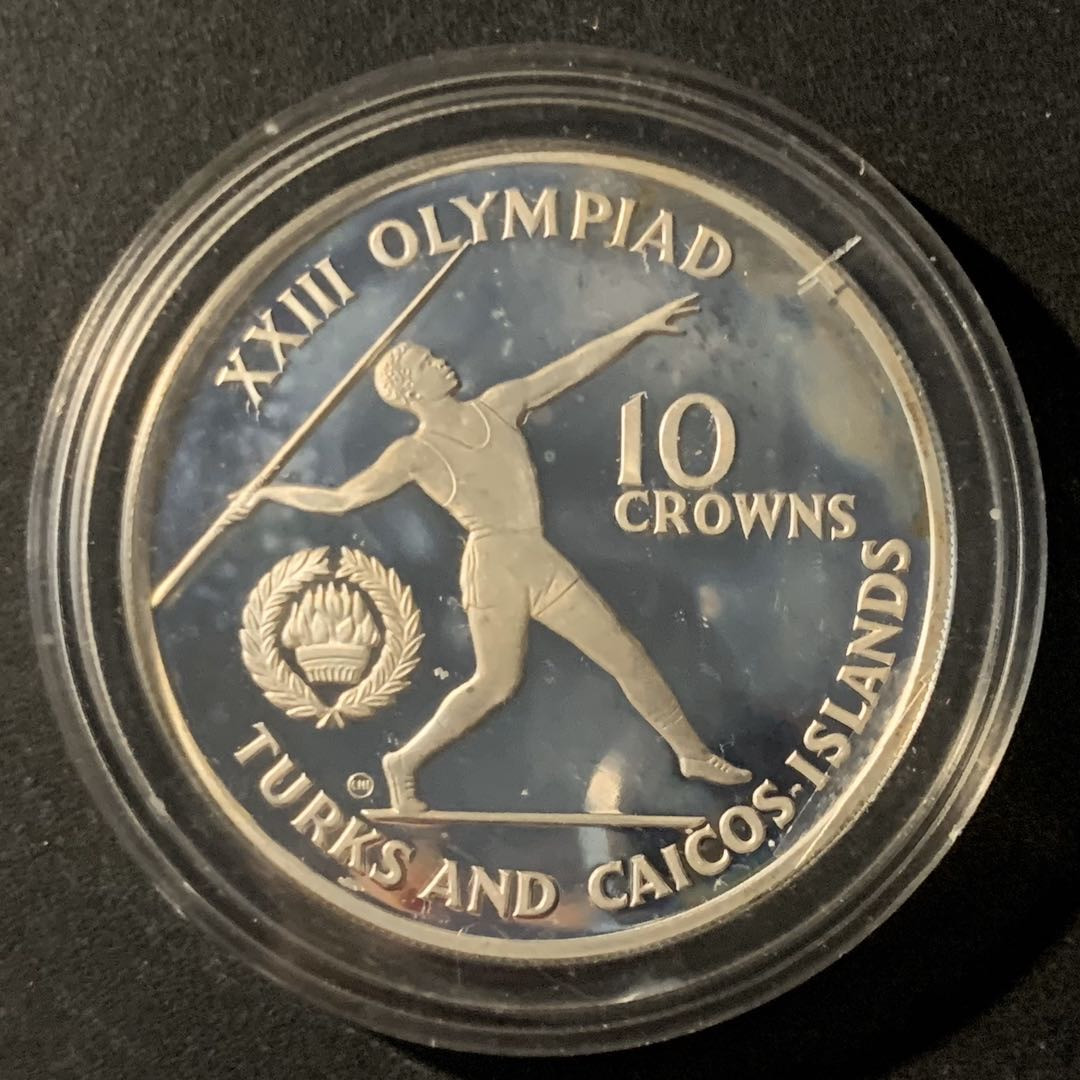 紫瑗钱币—微拍第46期  特克斯与凯恩斯 1984年 洛杉矶奥运会 标枪 10克朗  23.38克 0.925银 精制