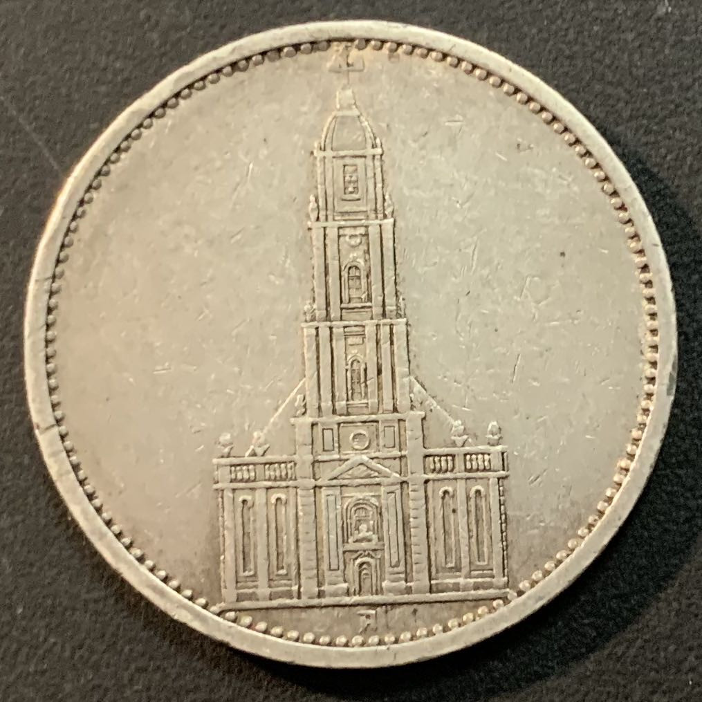 紫瑗钱币—微拍第46期  德国 1935年 A版 教堂 5马克 13.9克 0.9银