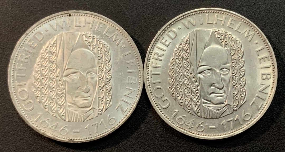 紫瑗钱币—微拍第46期  德国 1966年  D厂 莱布尼茨150周年 5马克 2枚一组 共22.4克 0.625银 UNC