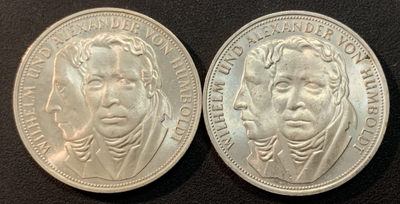 紫瑗钱币—微拍第46期  - 德国 1967年 F厂 洪堡兄弟 5马克 2枚一组 共22.4克  0.625银 UNC