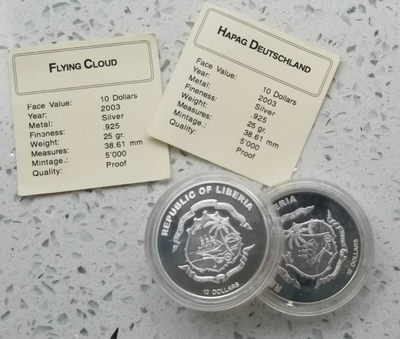 【随心拍&GetCoins】现代钱币拍卖第四十六期 利比里亚2003年飞云号和德意志号海船纪念银币两枚，各25克，带证书。