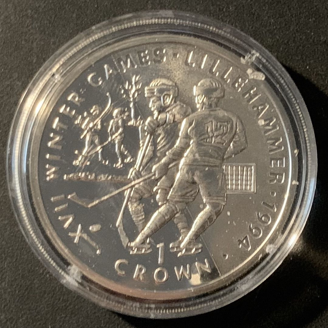 紫瑗钱币—微拍第46期  直布罗陀 1993年 94利勒哈默尔冬奥会 冰球 1克朗 28.28克 0.925银 精制