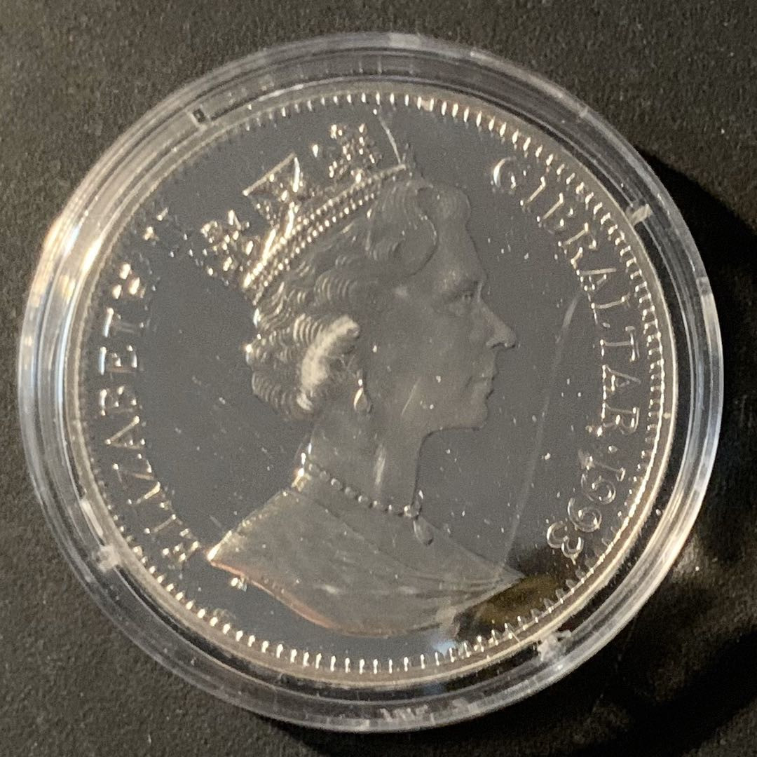 紫瑗钱币—微拍第46期  直布罗陀 1993年 94利勒哈默尔冬奥会 冰球 1克朗 28.28克 0.925银 精制