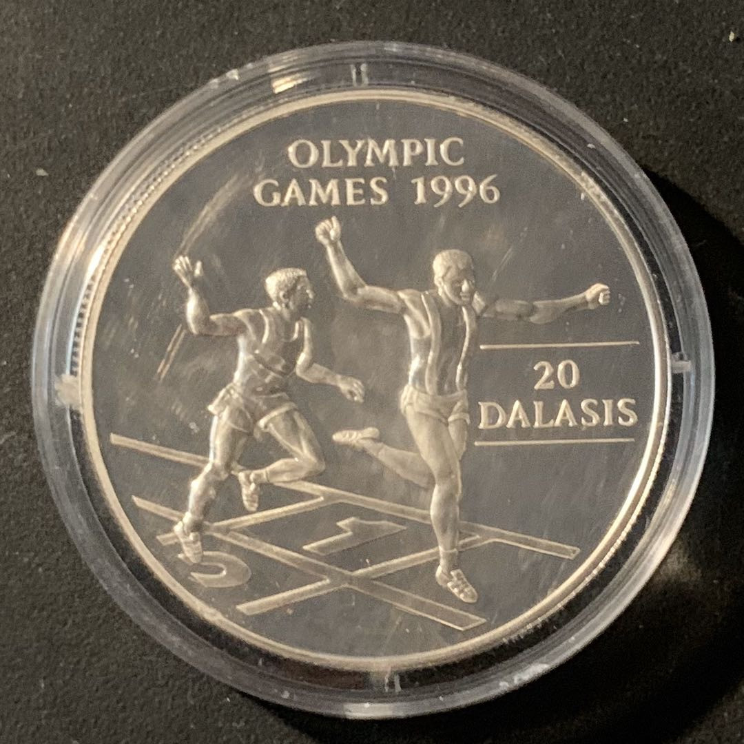 紫瑗钱币—微拍第46期  冈比亚 1994年 亚特兰大奥运会 跑步冲刺 20达拉西 31.1克 0.925银 精制