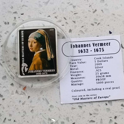 【随心拍&GetCoins】现代钱币拍卖第四十六期 库克2009年名画耳环少女镶嵌银币25克镶嵌珍珠实体，